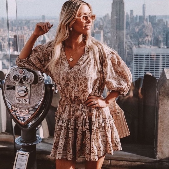 Khaki Autumn Winds Boho Floral Mini Ruffle Dress - Picture 2 of 7